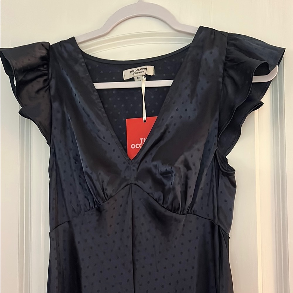 Occasion Navy Satin Dot Midi Dress with Flutter Sleeves